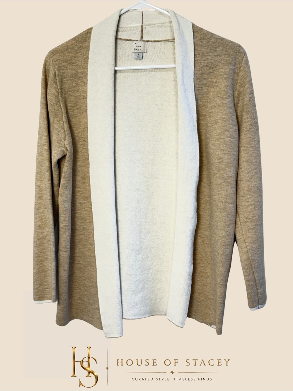 a new day Tan Cardigan with Cream Shawl Collar Small